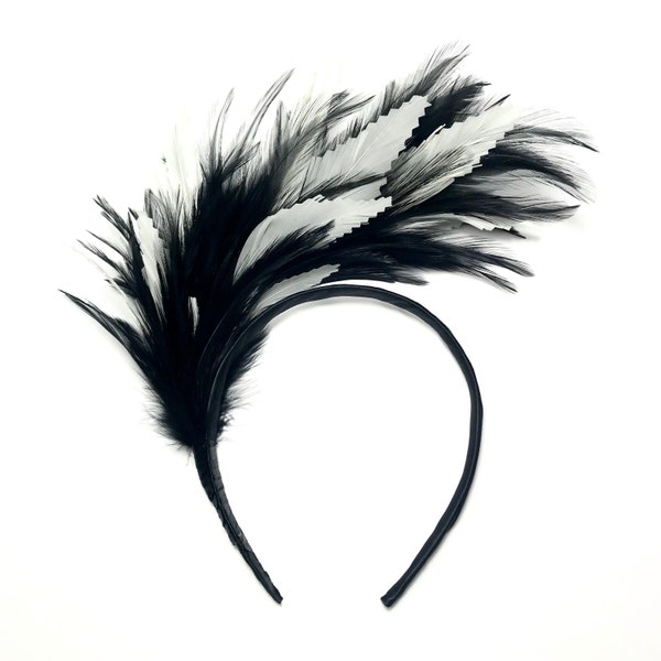 FEATHER HEADBAND Black and white - Coiffe bandeau serre tête plumes noir et blanc - Headband fascinator black and white feathers