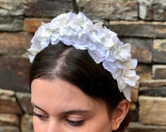 BANDEAU FLEURI EN VELOURS Blanc - Serre-tête fleurs de velours blanc - Couronne de fleurs bandeau largeur velours blanc