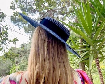 Navy blue wide brim canotier - Canotier &quot;plat&quot; bleu marine à long bord - Wide-Brimmed and flat crown navy Straw Hat