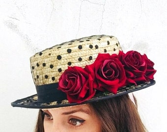 Canotier plumeti burgundy roses - Chapeau canotier plumetis et roses velours - Boater hat plumetis and velvet roses