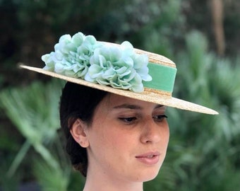 Canotier "plato" wide brim mint green - Canotier "plat" aile large vert ment - Wide-Brimmed and flat crown Straw Hat