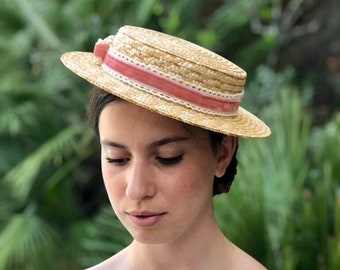 Canotier bonnet bas velours et crochet - Canotier haut bas avec velours et crochet - Chapeau de paille haut très bas avec ruban velours et crochet