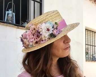 Canotier malva, rosa y mint - Canotier mauve, rose et mint - Boater hat mauve, pink and mint