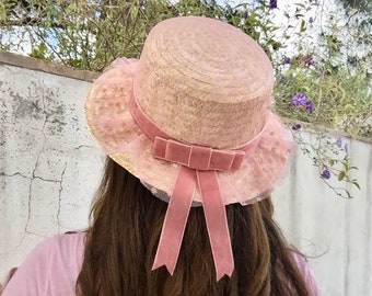 Canotier plumeti rosa - Chapeau canotier tulle plumetis rose - Straw hat pink plumeti tulle