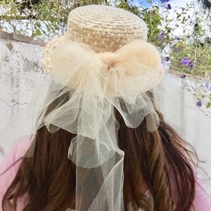 Canotier plumeti lazo y flores Straw boater hat tulle and flowers Canotier tule at fleurs zdjęcie 8