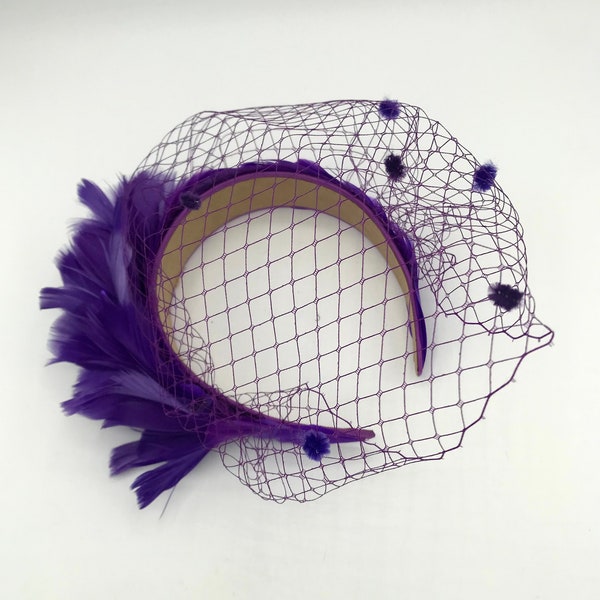 Purple feather headband headdress - Coiffe bandeau serre tête plumes violet - HEADBAND FASCINATOR purple feathers