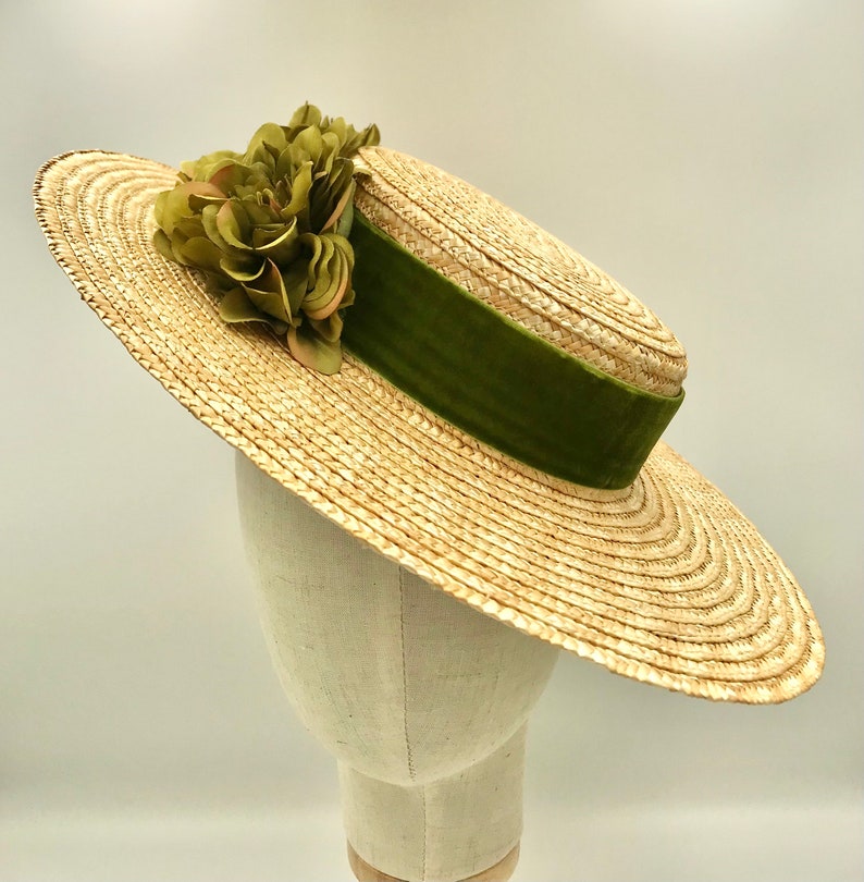 Canotier plat wide brim olive green Canotier plat aile large vert olive Wide-Brimmed and flat crown Straw Hat image 8