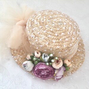 Canotier plumeti lazo y flores Straw boater hat tulle and flowers Canotier tule at fleurs zdjęcie 3