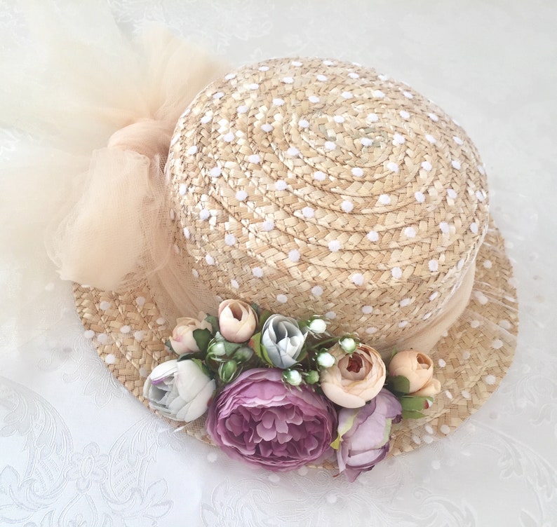 Canotier plumeti lazo y flores Straw boater hat tulle and flowers Canotier tule at fleurs zdjęcie 3