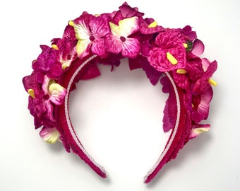 VELVET FLOWER HEADBAND bougainvillea and yellow - Serre-tête fleurs de velours bougainvilliers - Fuchsia velvet width headband flower crown