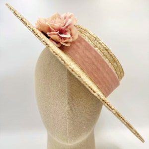 Canotier plat wide brim olive green Canotier plat aile large vert olive Wide-Brimmed and flat crown Straw Hat Nude pink