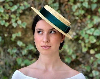 Mini canotier copa baja verde esmeralda - Mini-Canotier haut bas vert émeraude - Straw mini hat top very low emerald green