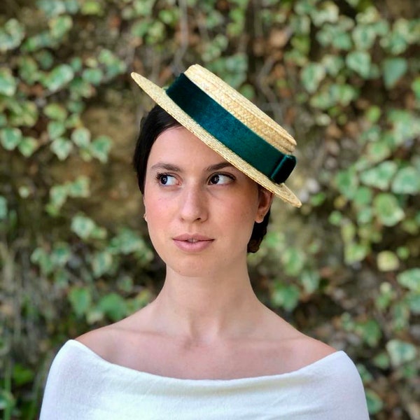 Mini canotier low top emerald green - Mini-Canotier haut bas vert émeraude - Straw mini hat top very low emerald green