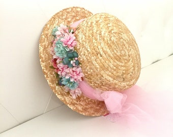 Pink and mint tulle bow canotier