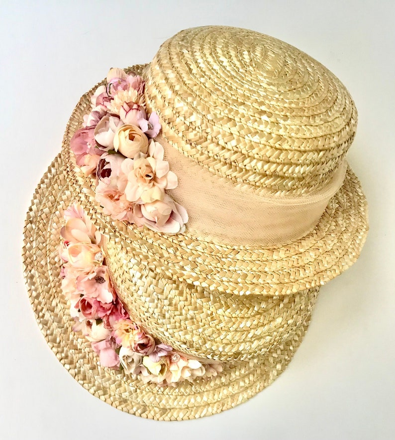 Canotier BLOEMEN EN ROZE TULE Chapeau canotier fleurs Strohoed met wilde bloemen afbeelding 1