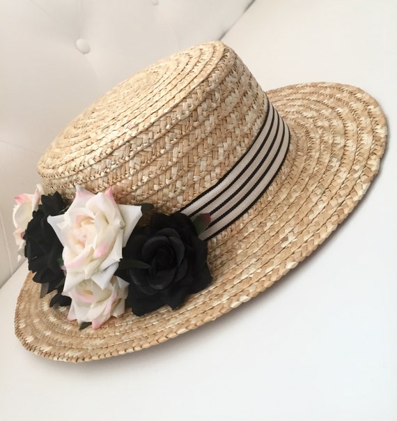 Pink flowers straw hat Canotier aile large rose et fuchsia Canotier broad wing pink and fuchsia