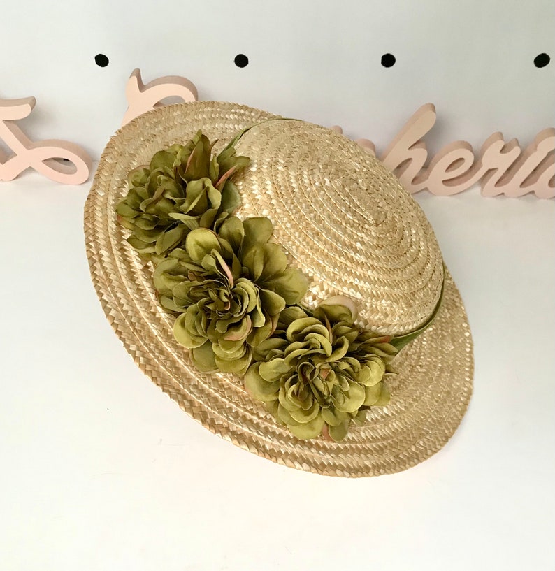 Canotier plat wide brim olive green Canotier plat aile large vert olive Wide-Brimmed and flat crown Straw Hat image 4