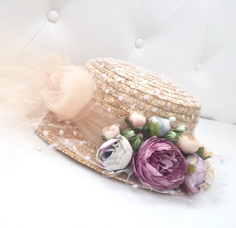 Canotier plumeti lazo y flores Straw boater hat tulle and flowers Canotier tule at fleurs zdjęcie 1
