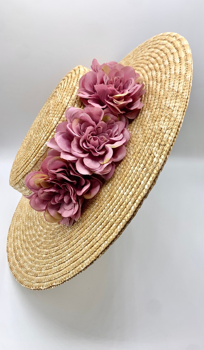 Canotier plat wide brim olive green Canotier plat aile large vert olive Wide-Brimmed and flat crown Straw Hat Mauve