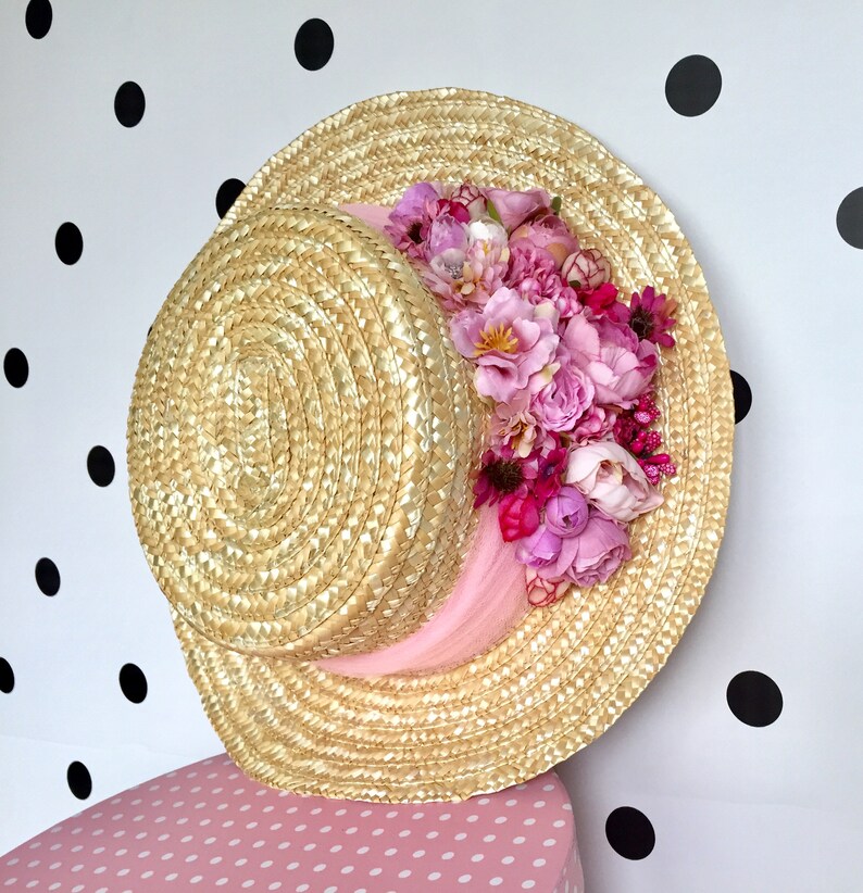 Pink flowers straw hat Canotier aile large rose et fuchsia Canotier broad wing pink and fuchsia