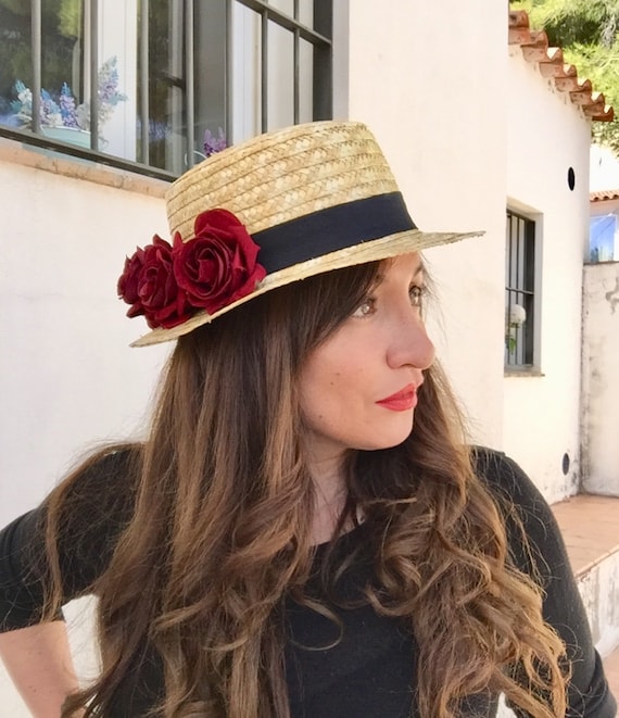 CANOTIER ROSAS VELVET Boater Hat Roses Velvet Chapeau - Etsy