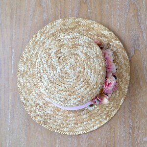 Canotier wide brim pink and beige Chapeau canotier à large bord rose et beige Straw boater hat with pink band image 10