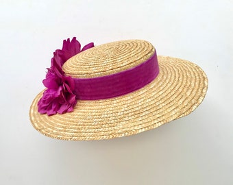 Canotier "plato" ala ancha buganvilla - Canotier "plat" aile large bougainvillier - Wide-Brimmed and flat crown Straw Hat