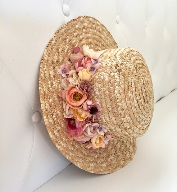 Pink flowers straw hat Canotier aile large rose et fuchsia Canotier broad wing pink and fuchsia