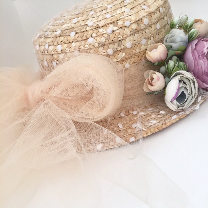 Canotier plumeti lazo y flores Straw boater hat tulle and flowers Canotier tule at fleurs zdjęcie 4