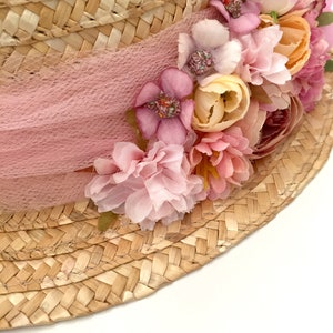 Canotier BLOEMEN EN ROZE TULE Chapeau canotier fleurs Strohoed met wilde bloemen afbeelding 6