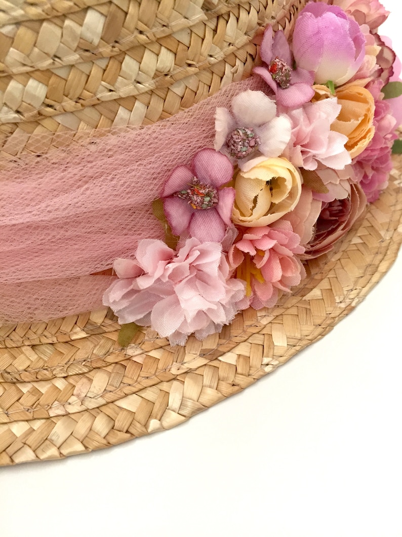 Canotier BLOEMEN EN ROZE TULE Chapeau canotier fleurs Strohoed met wilde bloemen afbeelding 6