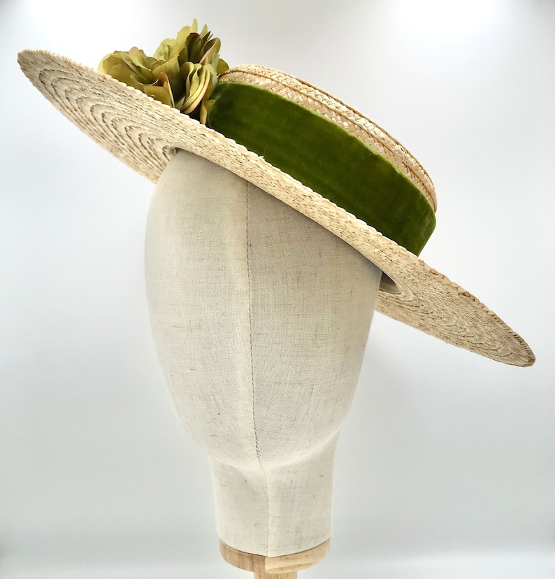 Canotier plat wide brim olive green Canotier plat aile large vert olive Wide-Brimmed and flat crown Straw Hat Olive green
