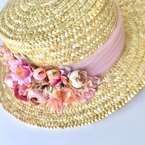 Canotier wide brim pink and beige Chapeau canotier à large bord rose et beige Straw boater hat with pink band image 5