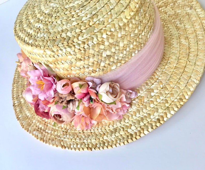 Canotier wide brim pink and beige Chapeau canotier à large bord rose et beige Straw boater hat with pink band image 5