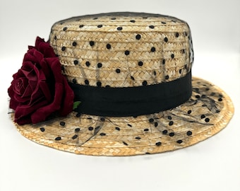 CANOTIER TUL PLUMETI y rosas terciopelo - Canotier tulle et roses velours - Boater hat velvet roses