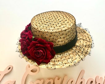 CANOTIER TUL PLUMETI and velvet roses - Canotier tulle et roses velours - Boater hat velvet roses