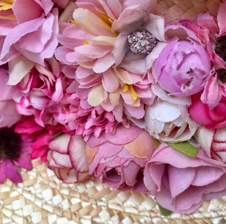 Pink flowers straw hat Canotier aile large rose et fuchsia Canotier broad wing pink and fuchsia
