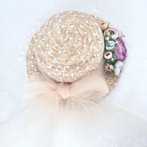 Canotier plumeti lazo y flores Straw boater hat tulle and flowers Canotier tule at fleurs zdjęcie 2
