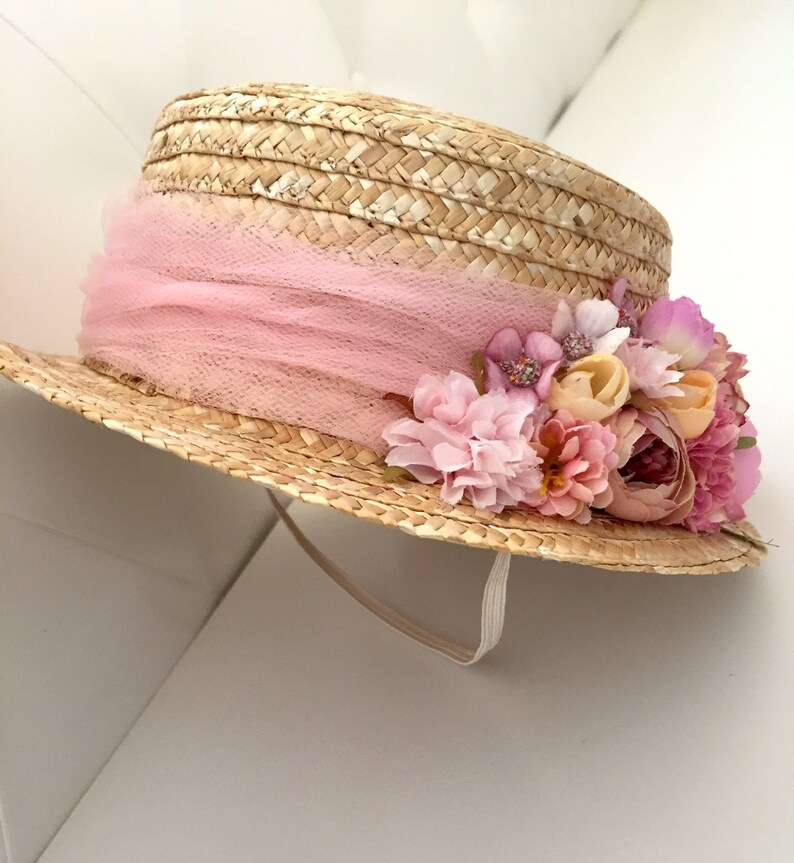 Canotier BLOEMEN EN ROZE TULE Chapeau canotier fleurs Strohoed met wilde bloemen afbeelding 2