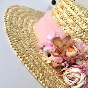 Canotier wide brim pink and beige Chapeau canotier à large bord rose et beige Straw boater hat with pink band image 7