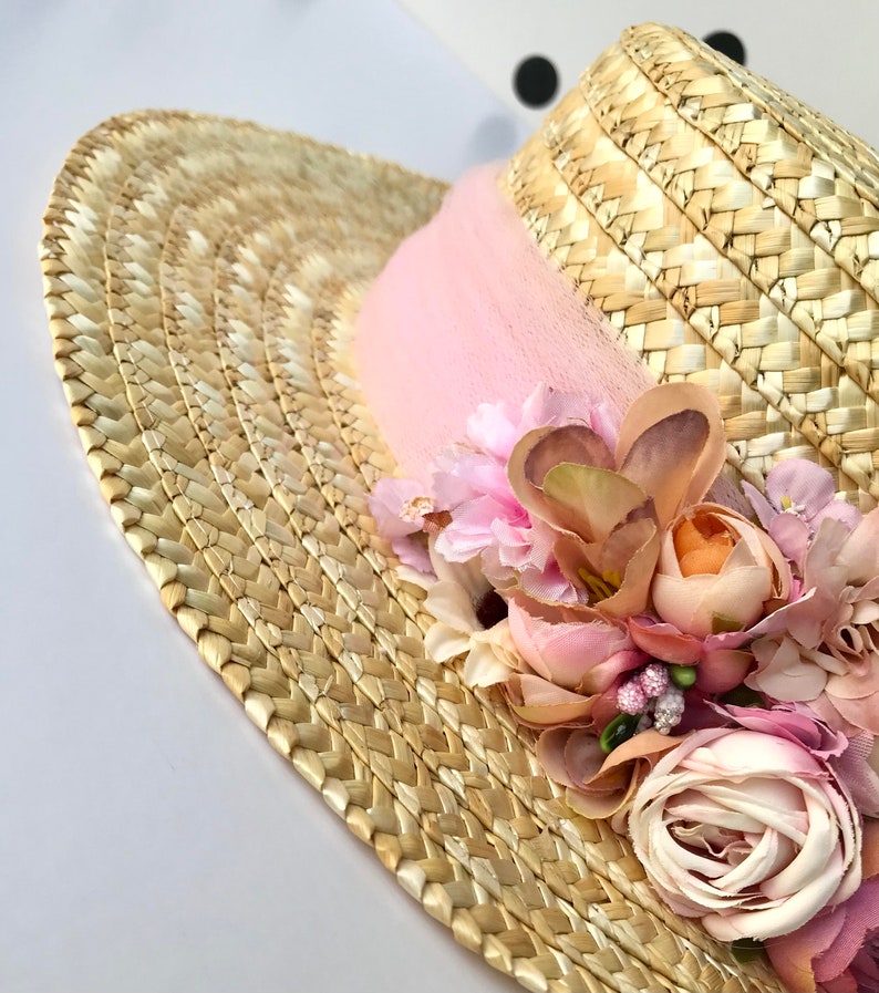 Canotier wide brim pink and beige Chapeau canotier à large bord rose et beige Straw boater hat with pink band image 7