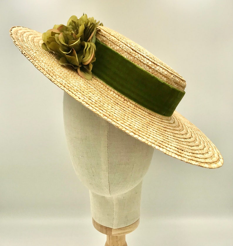 Canotier plat wide brim olive green Canotier plat aile large vert olive Wide-Brimmed and flat crown Straw Hat image 5