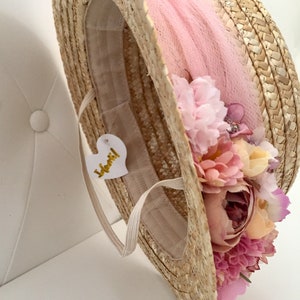 Canotier BLOEMEN EN ROZE TULE Chapeau canotier fleurs Strohoed met wilde bloemen afbeelding 4