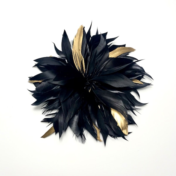 CHRYSANTHEMUM black and gold feather FLOWER BROOCH - Feathers black and gold flower brooch - Broche/pince Fleur plumes noir et or