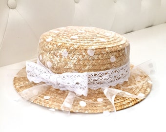 White plumeti and crochet canotier - STRAW BOATER HAT tulle plumetis and crochet - Chapeau pumetis et crochet