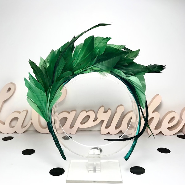 GREEN FEATHER HEADBAND - Coiffe bandeau serre tête plumes vert - Headband fascinator green feathers