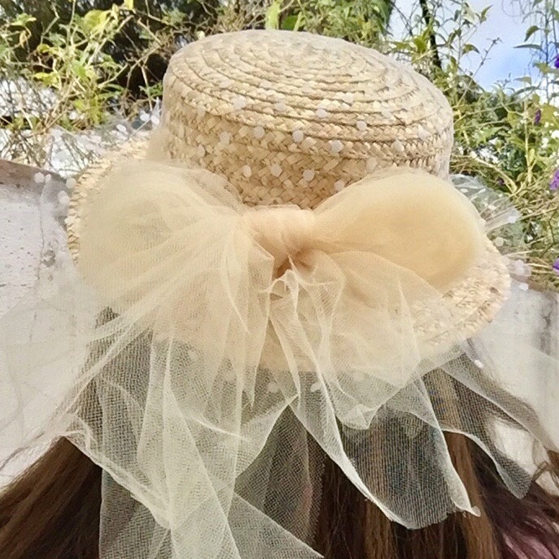 Canotier plumeti lazo y flores Straw boater hat tulle and flowers Canotier tule at fleurs zdjęcie 7
