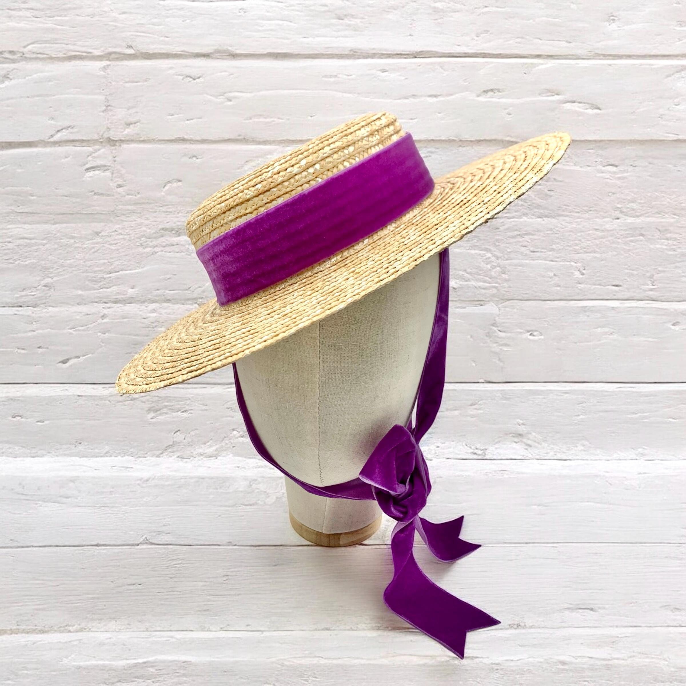 Canotier Wide brimmed Bow Violet Canotier Aile Large Noeud Velours Violet Wide brimmed Straw Hat Violet Bow