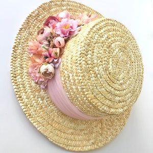 Canotier wide brim pink and beige Chapeau canotier à large bord rose et beige Straw boater hat with pink band image 3