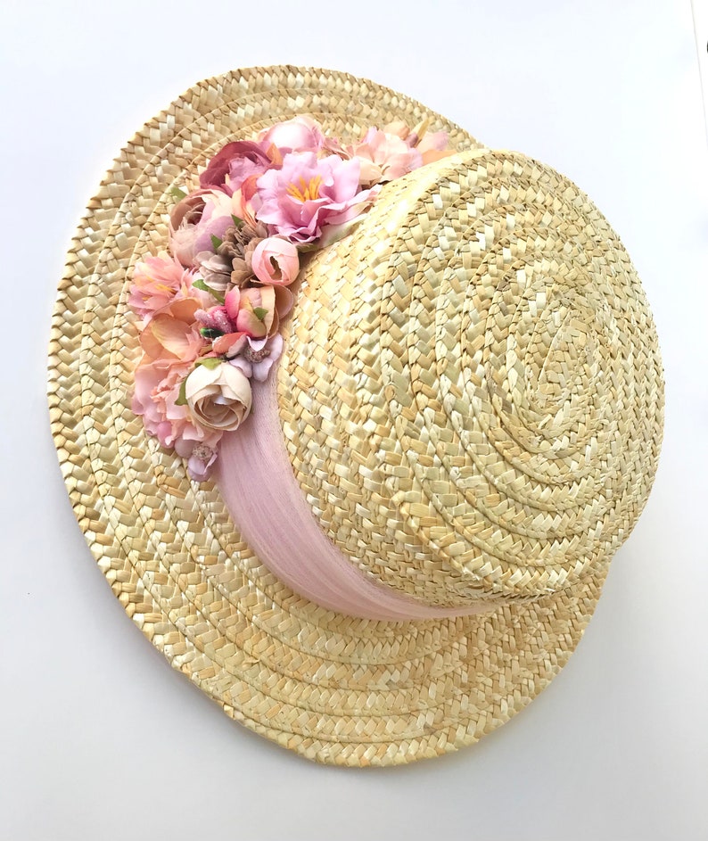 Canotier wide brim pink and beige Chapeau canotier à large bord rose et beige Straw boater hat with pink band image 3